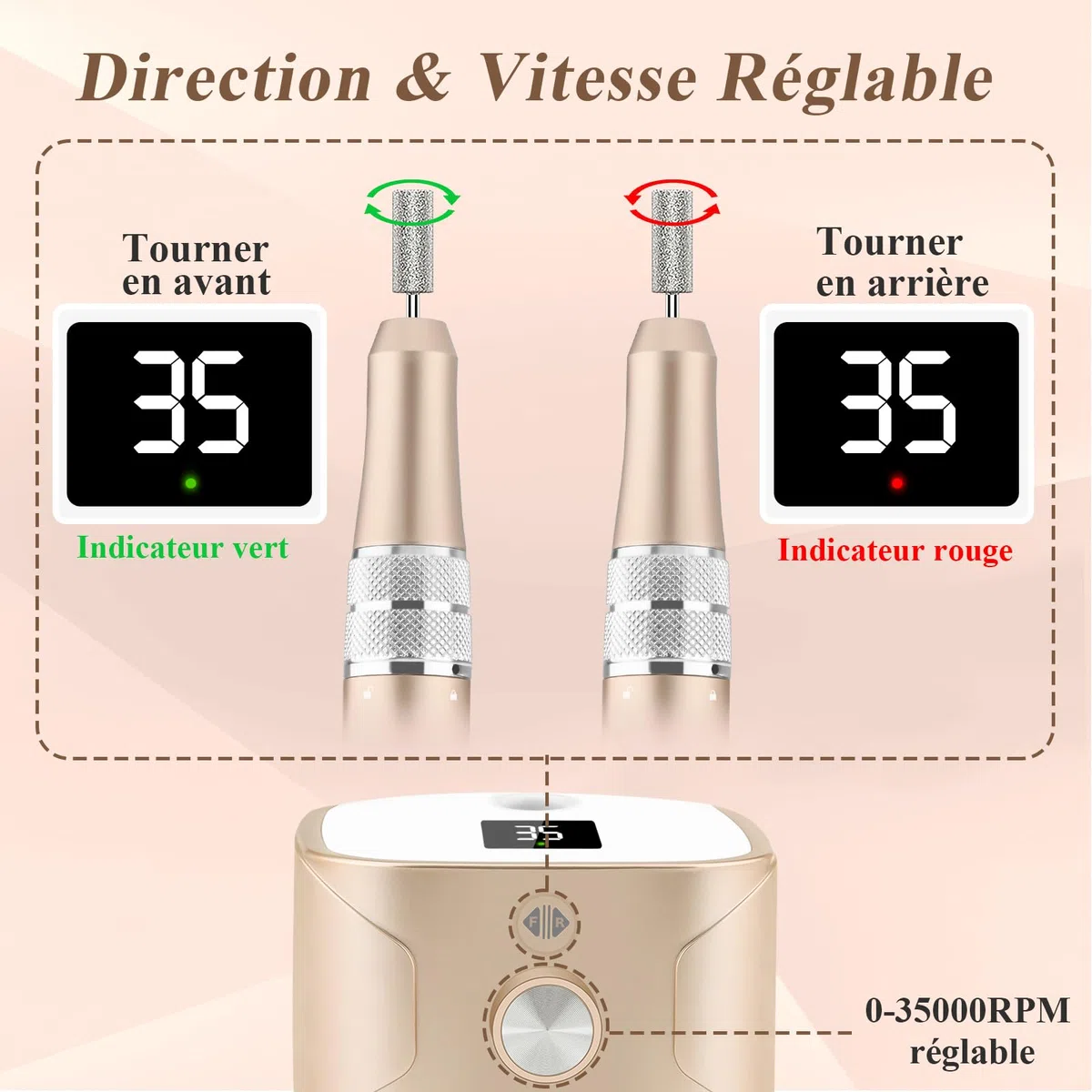 Ponceuse pour Ongles Electrique 35000 Tours Affichage LED 11 Embouts Céramique Manucure Pédicure