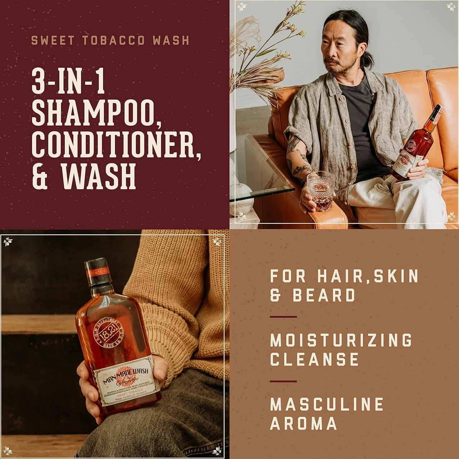 18.21 Man Made Book of Good Grooming Volume 2 Set Absolute Mahogany 2 Pc 18oz Wash 3-In-1 Shampoo Conditioner Body Wash 7oz Grit Bar