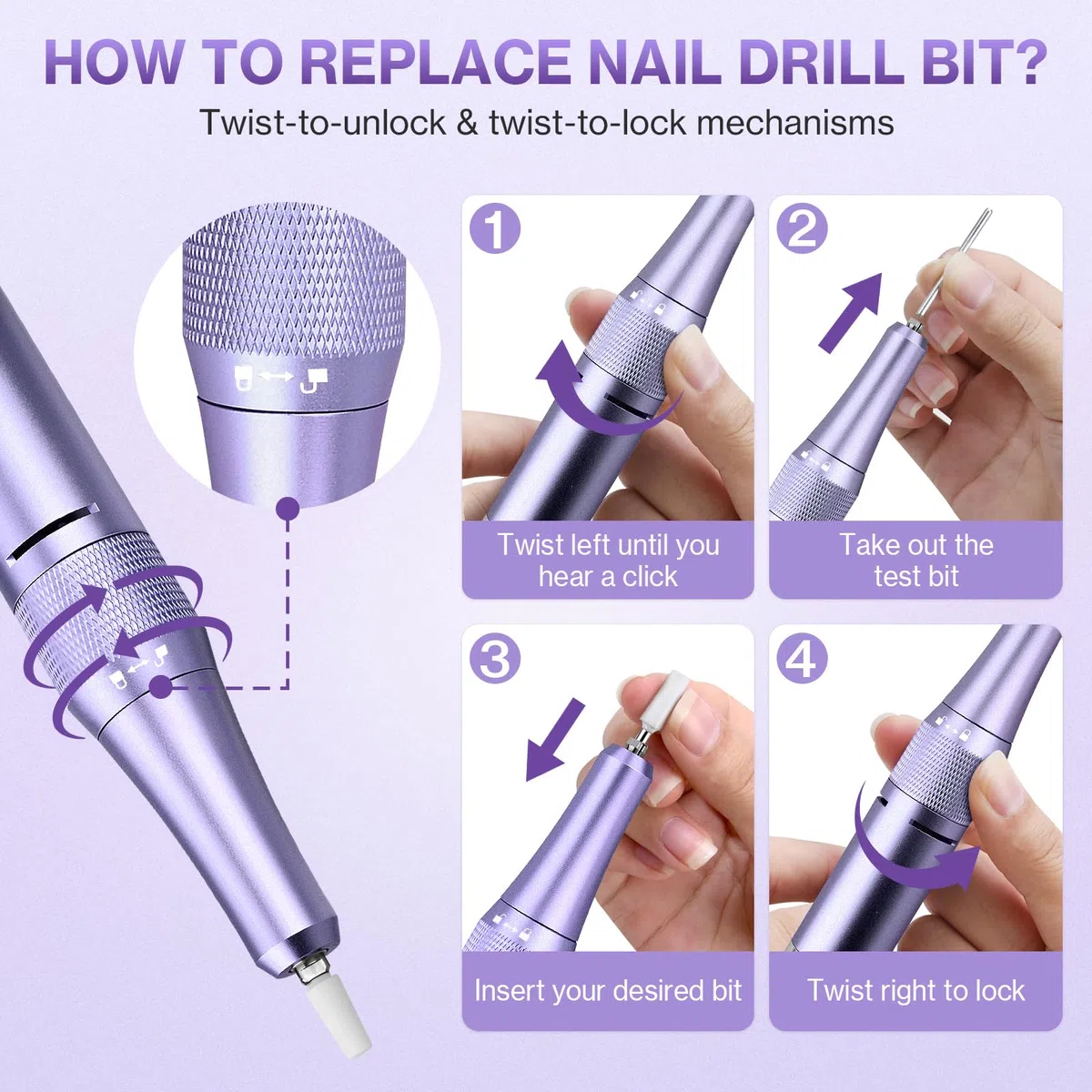 Ponceuse pour Ongles Professionnelle 45000 RPM 36 W, Lime à Ongle Électrique Silencieux avec Écran LCD, 11 Embouts, Portable pour Salon (violet)