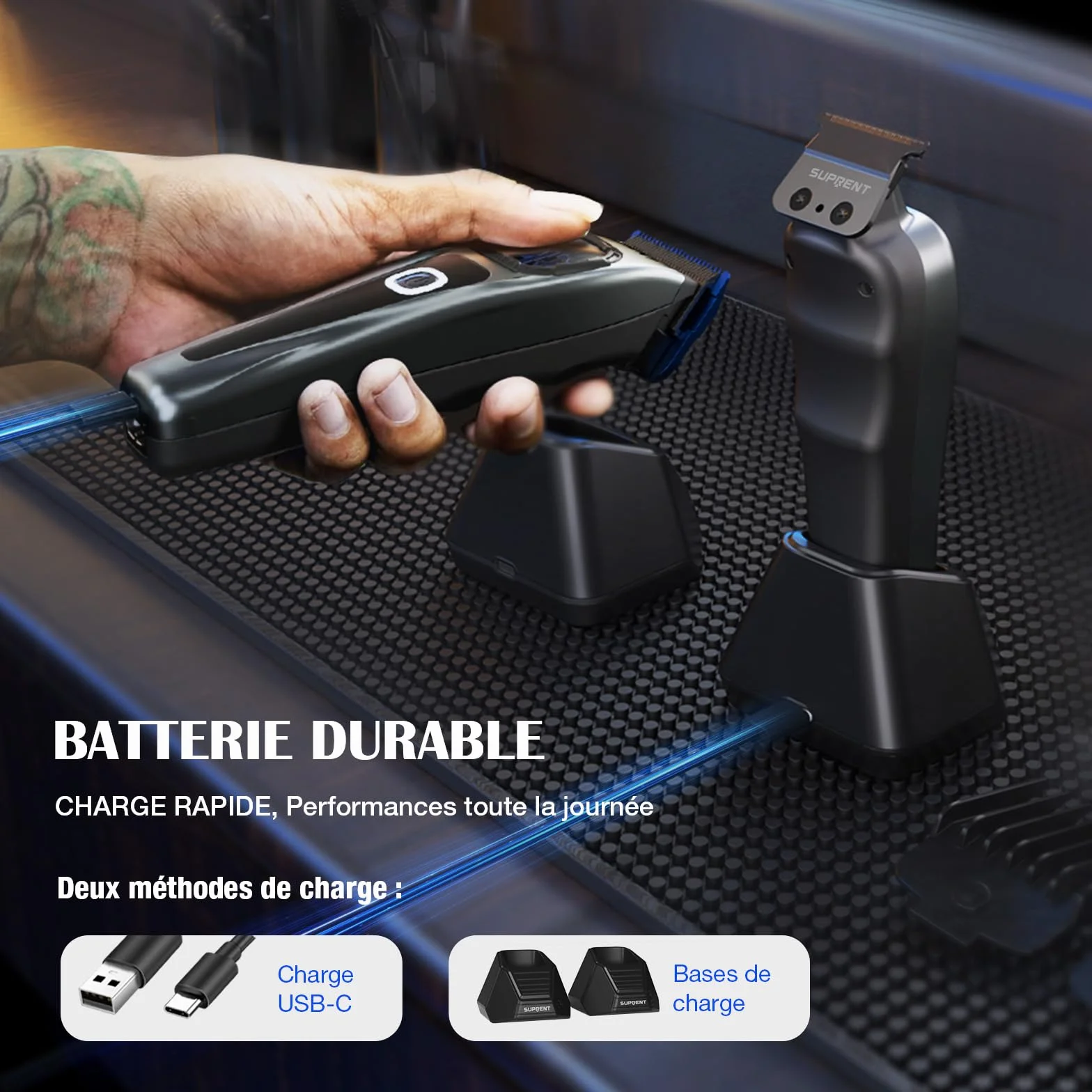 SUPRENT Tondeuse à cheveux professionnelle homme - Lame fade titane réglable Zero-Gap - 5 niveaux - Peignes magnétiques - Batterie 2500 mAh
