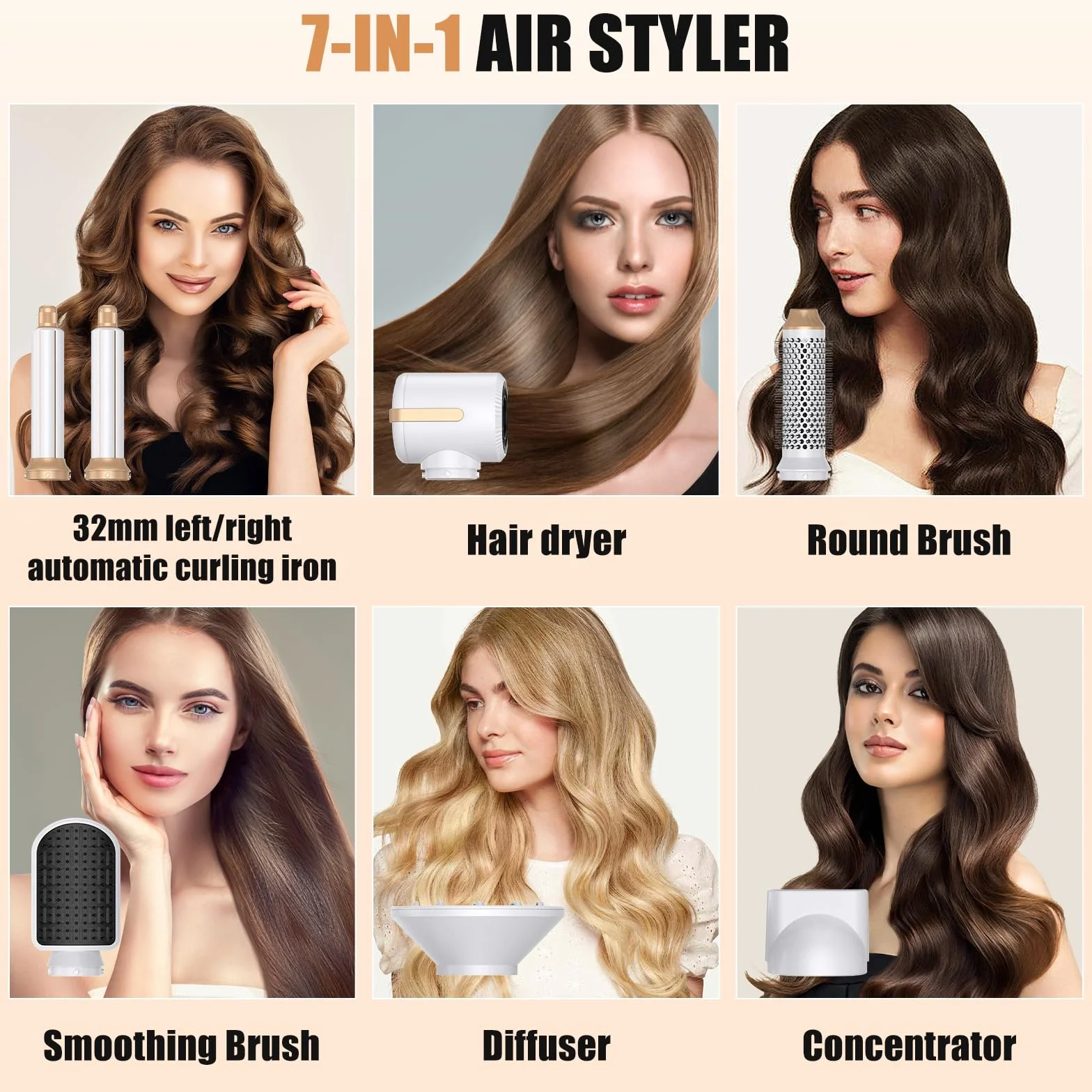 Brosse Soufflante 7 en 1, Air Styler avec Soufflantes, Diffuseur, Buse de Coiffage, Sèche-Cheveux à Ions Négatifs Haute Vitesse, Boucleur a Air, Hair Styler Set pour Sécher Boucler Lisser