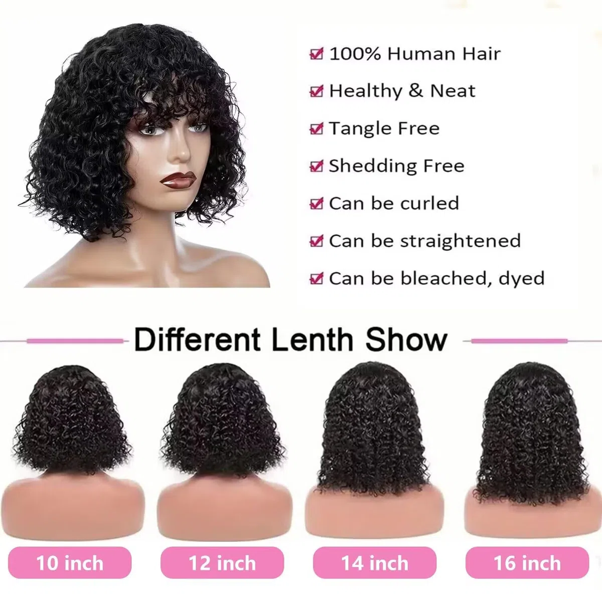 Perruque Femme Naturelle Brésilien Bouclée De Cheveux Humain Avec Frange Sans Colle Curly Bob Wig With Bangs Human Hair Glueless Wig No Lace Bouclée Perruque Femme Courte Noir Naturel 10 Pouces