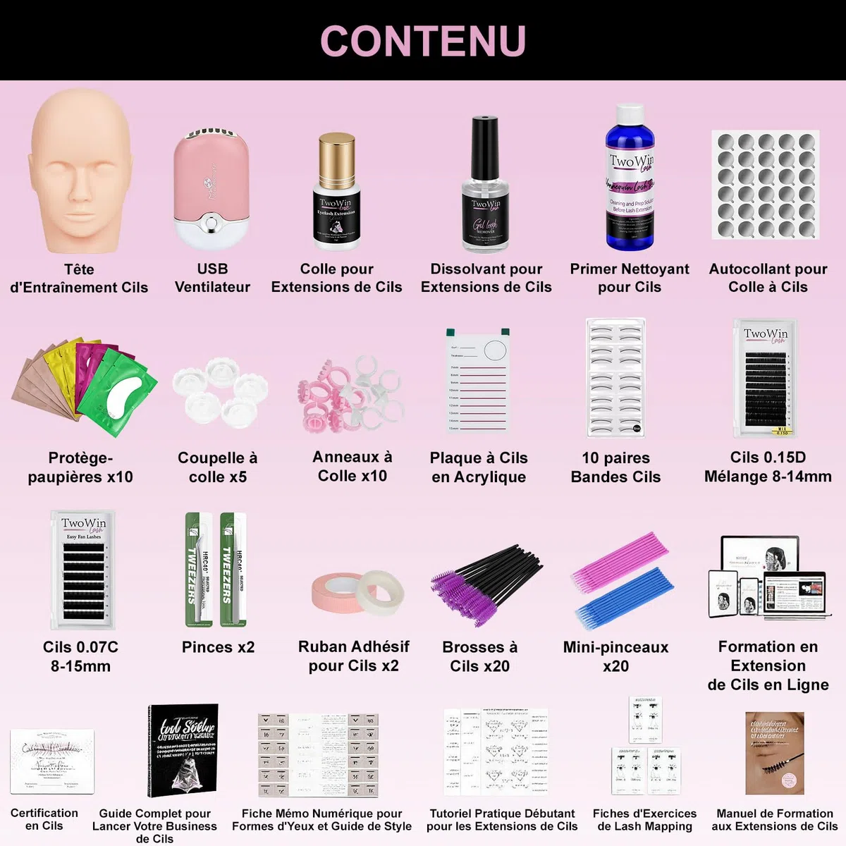 Kit d'extension de faux cils TwoWin, kit de formation professionnel pour mannequin tête pour débutants en extension de cils, pratique en cosmétologie, accessoires pour esthéticiennes