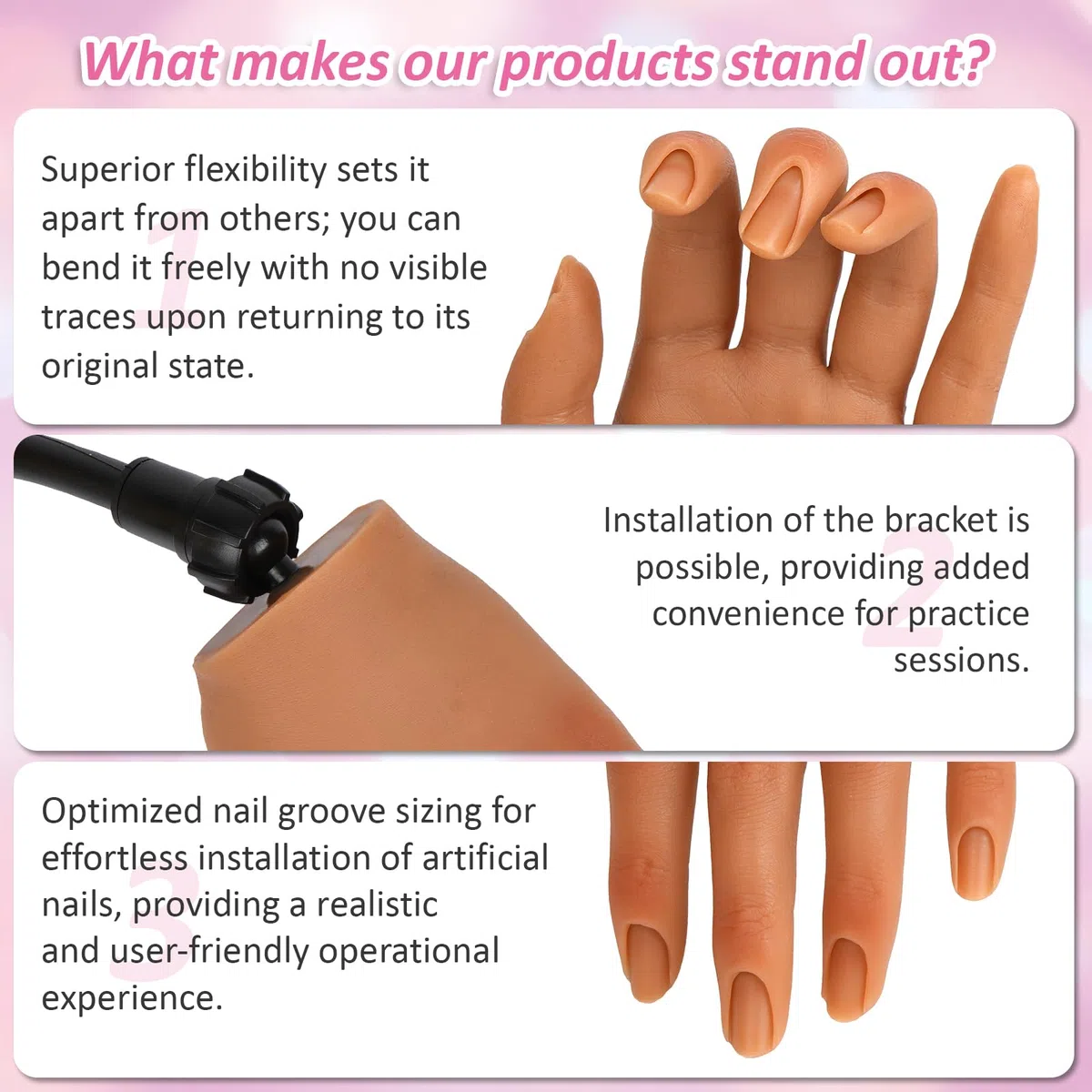 Main D'entrainement Manucure, Silicone main d entrainement pour ongle Avec Support Réglable, Main De Mannequin flexible dour débutants en nail art/artistes be salon de manucure (#1)