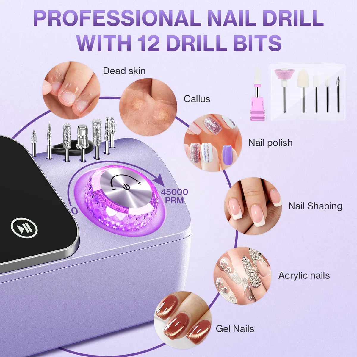 Ponceuse pour Ongles Professionnelle 45000 RPM 36 W, Lime à Ongle Électrique Silencieux avec Écran LCD, 11 Embouts, Portable pour Salon (violet)