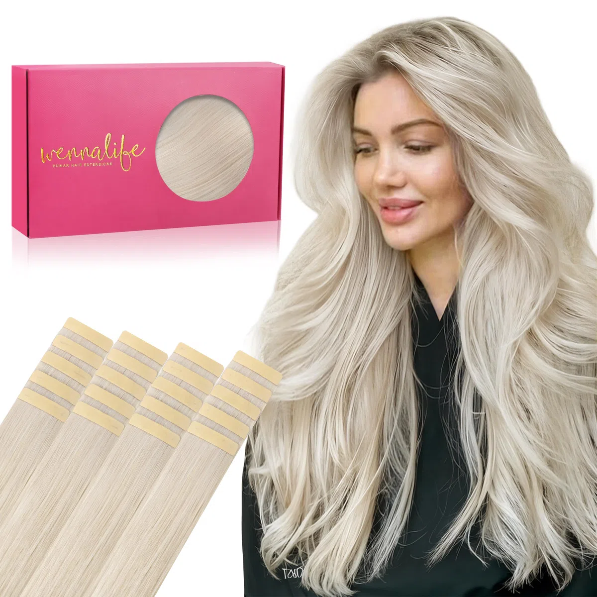 WENNALIFE Lot de 20 extensions capillaires en cheveux humains Remy invisibles, soyeux, droits, 50 g, 45 cm, blond platine