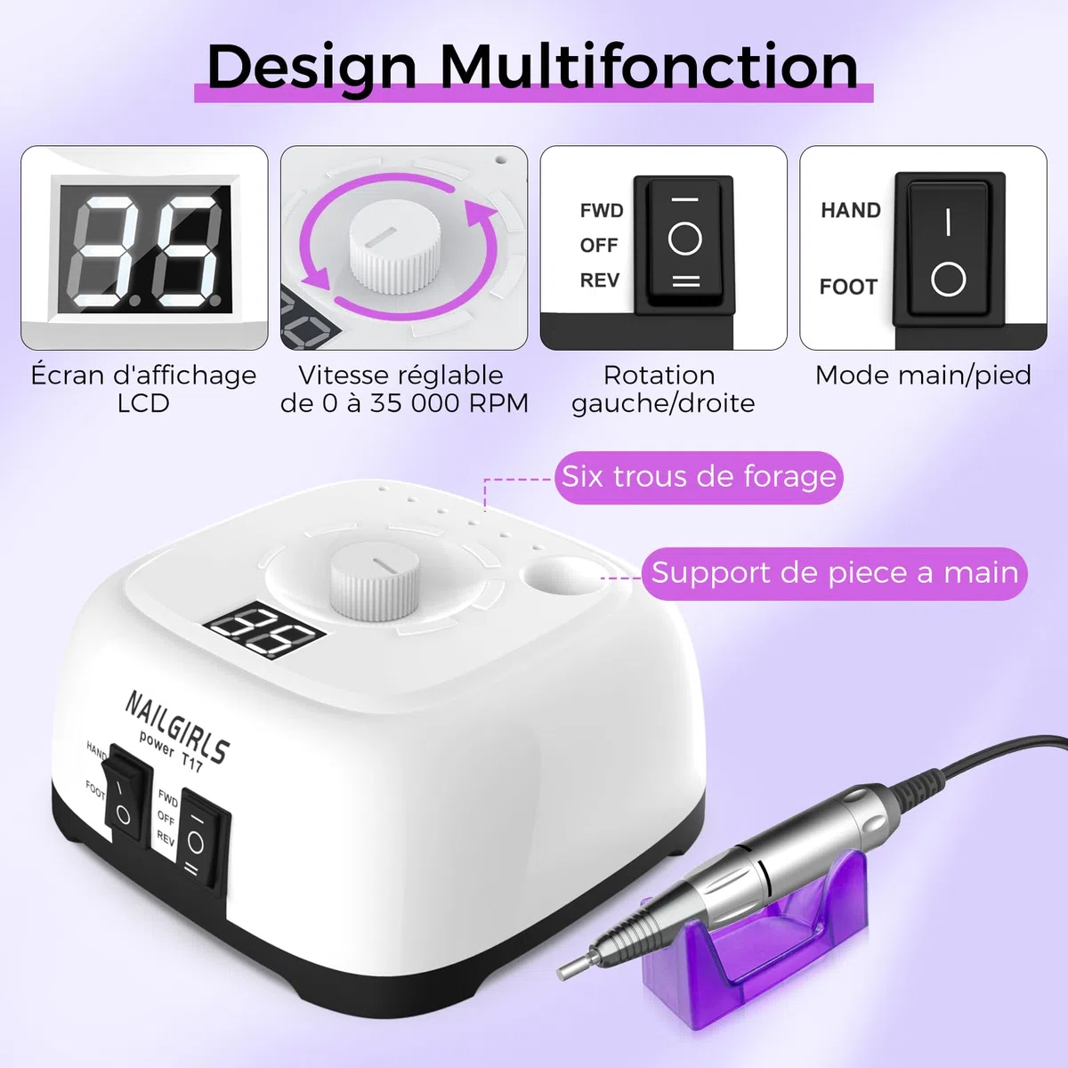 NAILGIRLS Ponceuse Professionnelle 35000RPM 11 en 1, Vitesse Réglable avec Écran LCD pour Manucure/Pédicure
