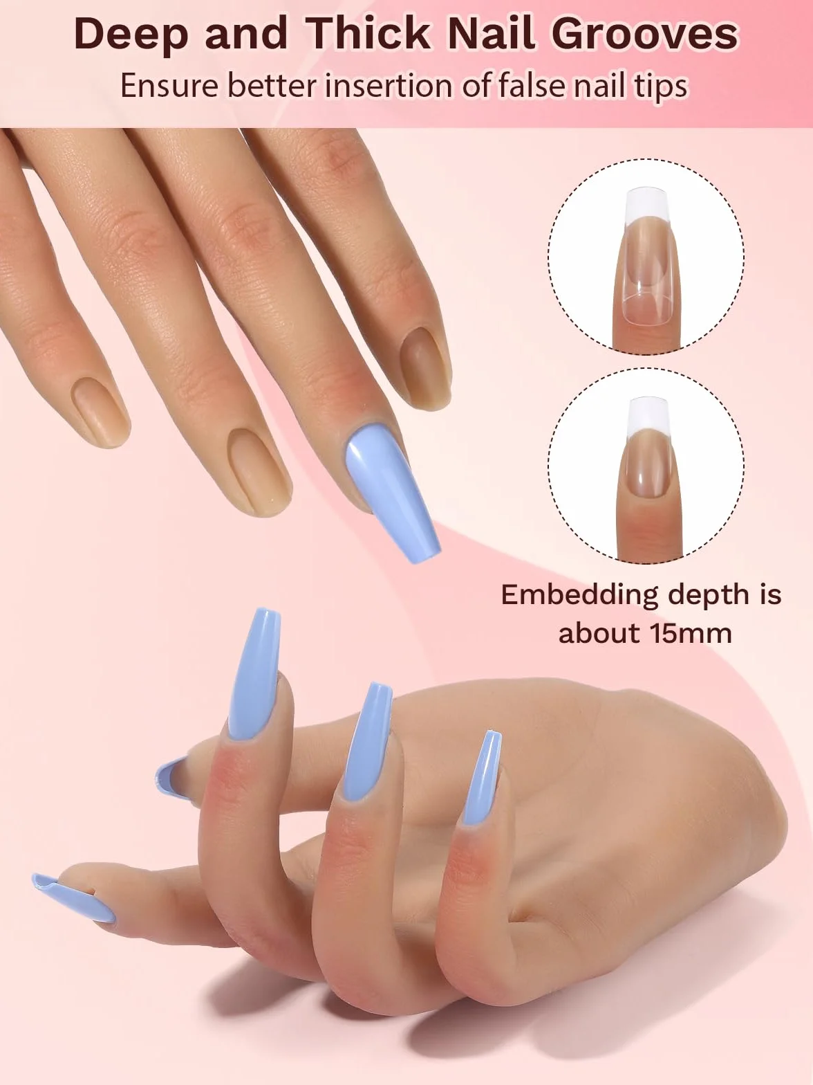 Main d'Entrainement Manucure: Ajustable Silicone Mains d Entrainement Ongles avec 240 Pièces 3XL Clair Faux Ongles - Flexible Faux Ongle Main Entrainement pour Domicile - Nature