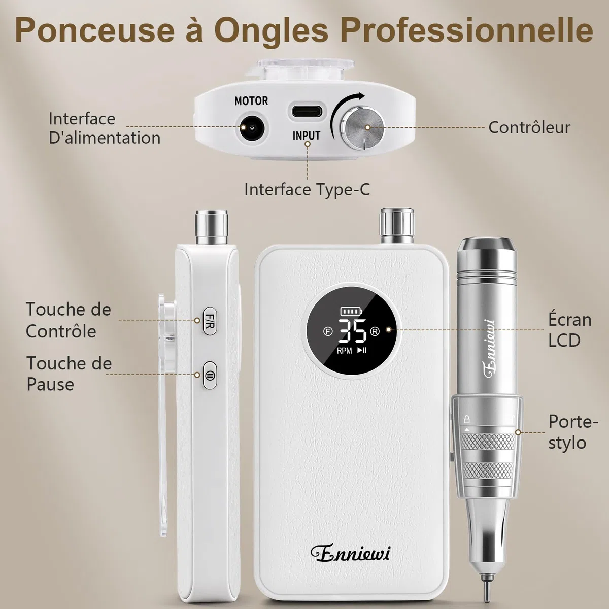 Ponceuse pour Ongles Électrique Professionnelle 35000 Tours Rechargeable pour Acrylique/Gel, Manucure/Pédicure Silencieuse - Salon/Maison (Blanc Pur)