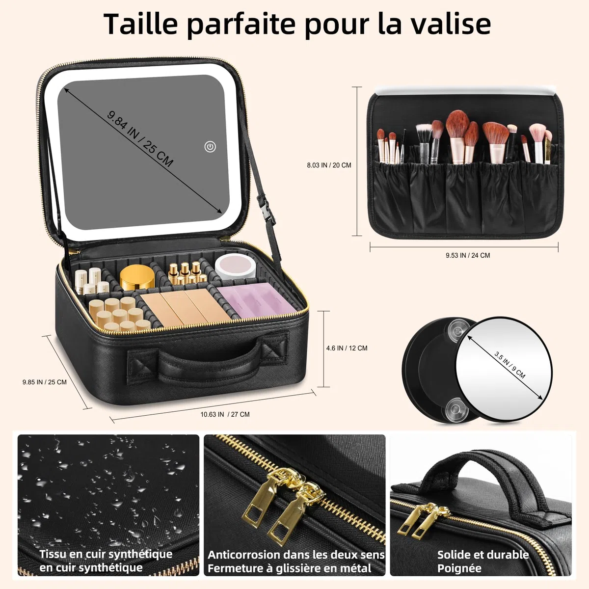 Sac de Maquillage de Voyage Sac cosmétique Sac Organisateur de Maquillage avec Grand Miroir éclairé 3 Modes de Couleur luminosité réglable, étanche en Cuir PU Makeup Travel Train Case
