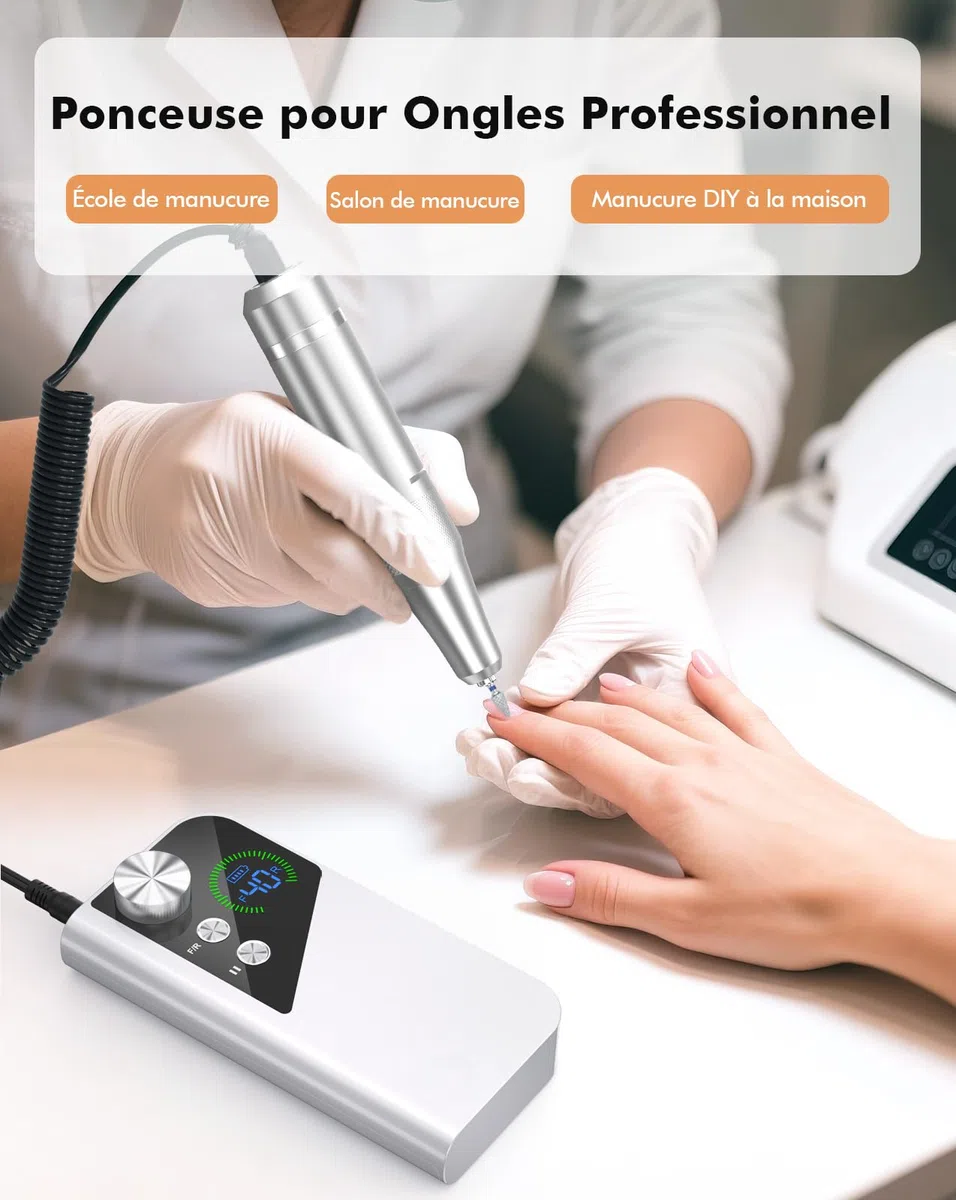 HOMEASY Ponceuse pour Ongles Professionnel: 40000 RPM Lime a Ongle Electrique Rechargeable, 6 en 1 Ponceuse Ongle pour Acrylique/Gel, Vitesse Réglable F/R, Ponceuse Manucure pour Salon/Maison, Blanc