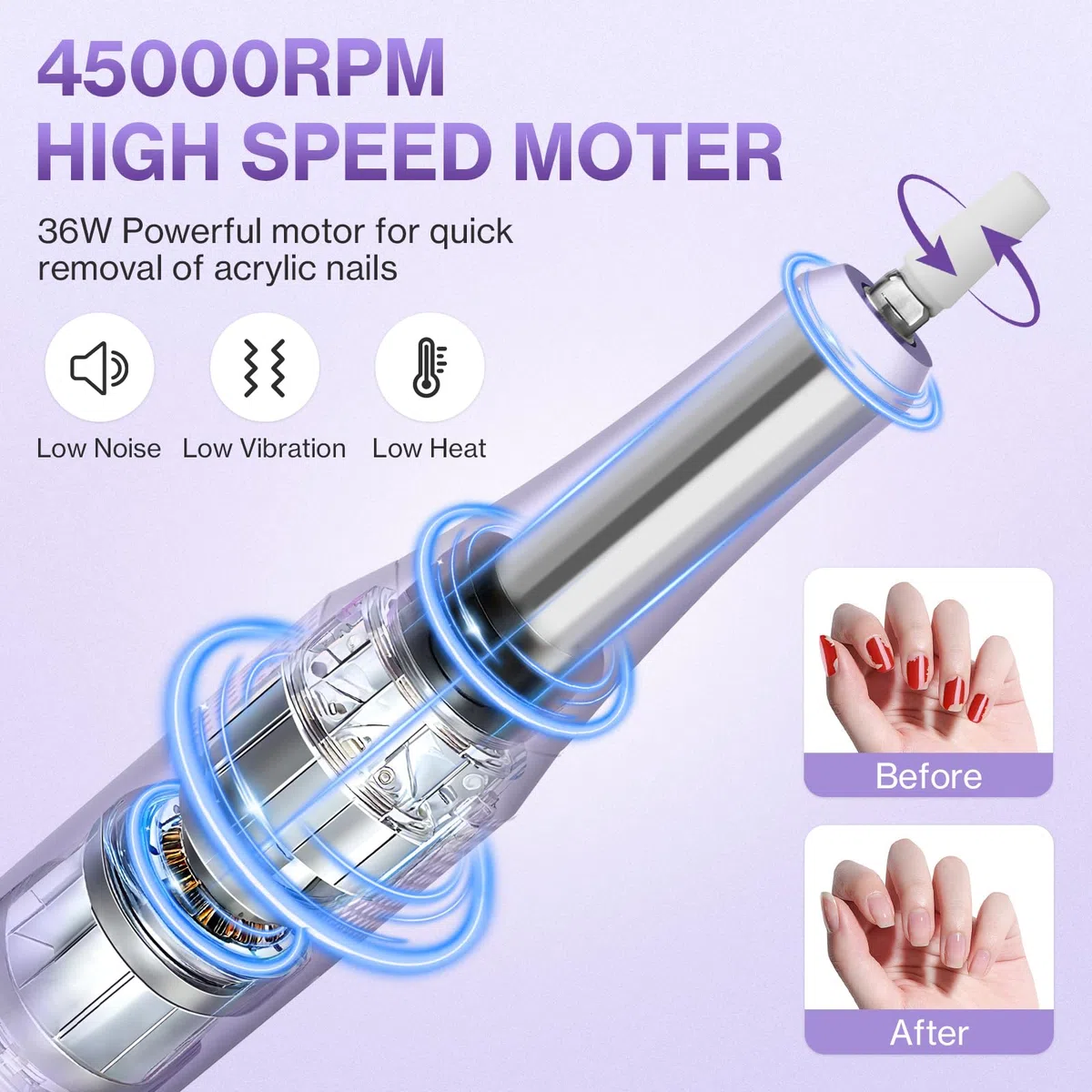 Ponceuse pour Ongles Professionnelle 45000 RPM 36 W, Lime à Ongle Électrique Silencieux avec Écran LCD, 11 Embouts, Portable pour Salon (violet)