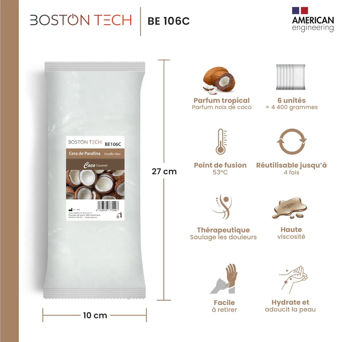 Cire de paraffine Boston Tech pour mains et pieds 6 blocs 450 g Coco Rééducation antioxydante Traitement arthrite