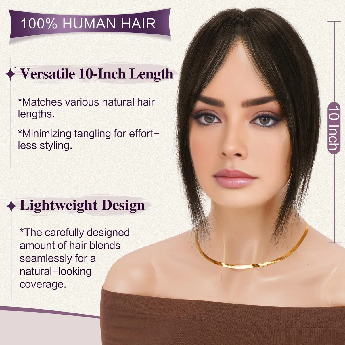 RUWISS Topper Cheveux Humain Femme Marron Foncé Hair Topper Natural Postiches à Clip Légère Droits Cheveux Humains sans Franges