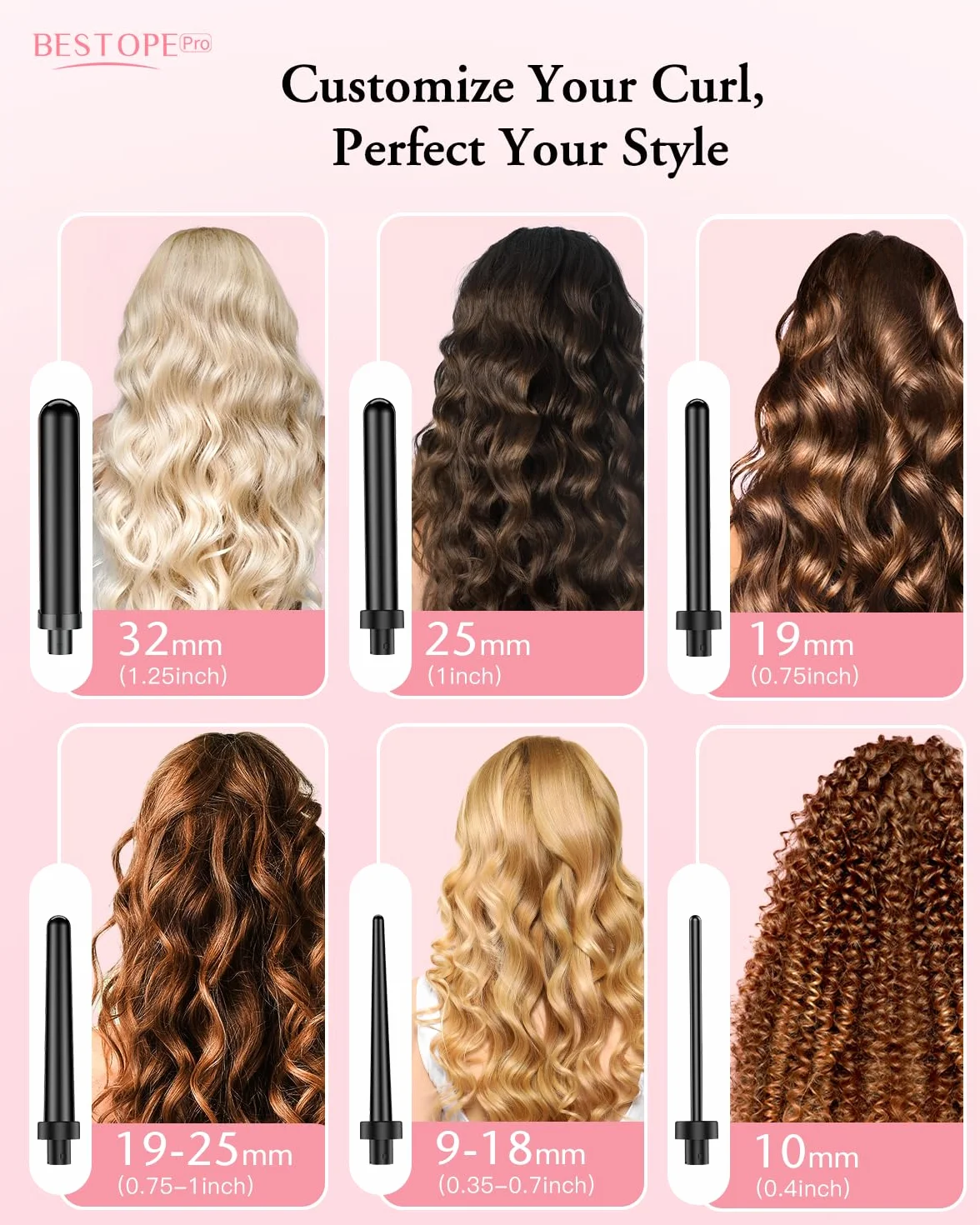 Set de Fer à Boucler pour Cheveux, BESTOPE PRO 6 en 1 Boucleur a Cheveux (10-32mm), Chauffage Rapide (30s), 2 Températures pour Tous les Types de Cheveux, Extinction Automatique en 60min