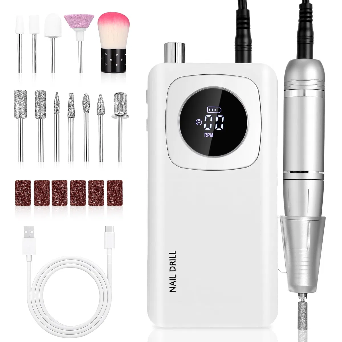 Ponceuse Pour Ongles Professionnelle, 45000RPM Lime A Ongle Electrique, Ponceuse Ongles Portable avec Écran LCD, Ensemble d’accessoires Kit avec Manucure Pédicure, pour Salon, Usage Maison