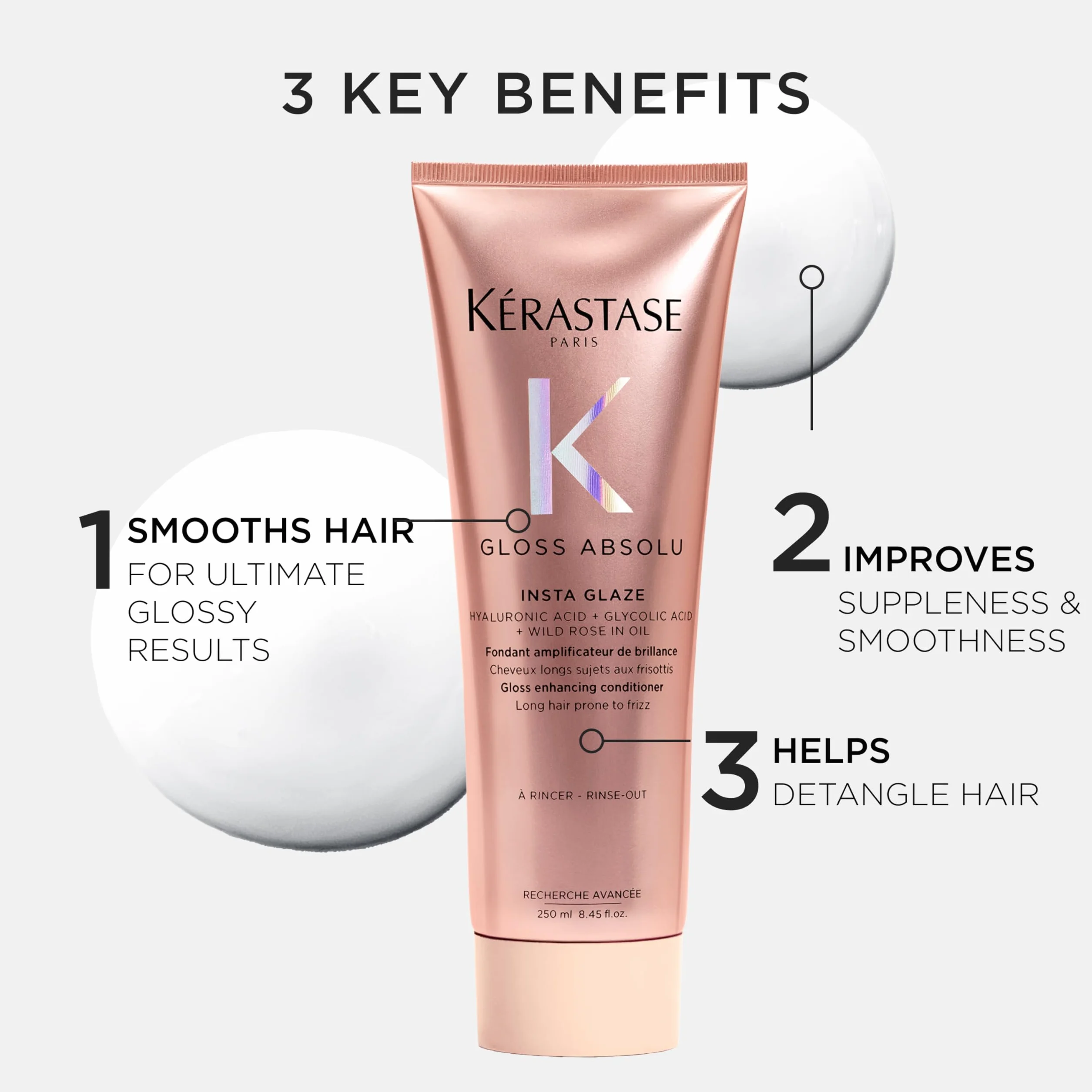 KÉRASTASE Gloss Absolu Fondant Insta Glaze Après-Shampoing Brillance Cheveux Ternes Acide Hyaluronique Acide Glycolique Rose Sauvage Cheveux Longs Frisottis