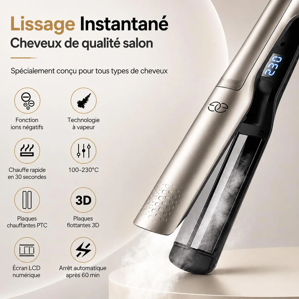 Lisseur Cheveux Steampod Pro Fer à Boucler 230ºC Céramique Ionique