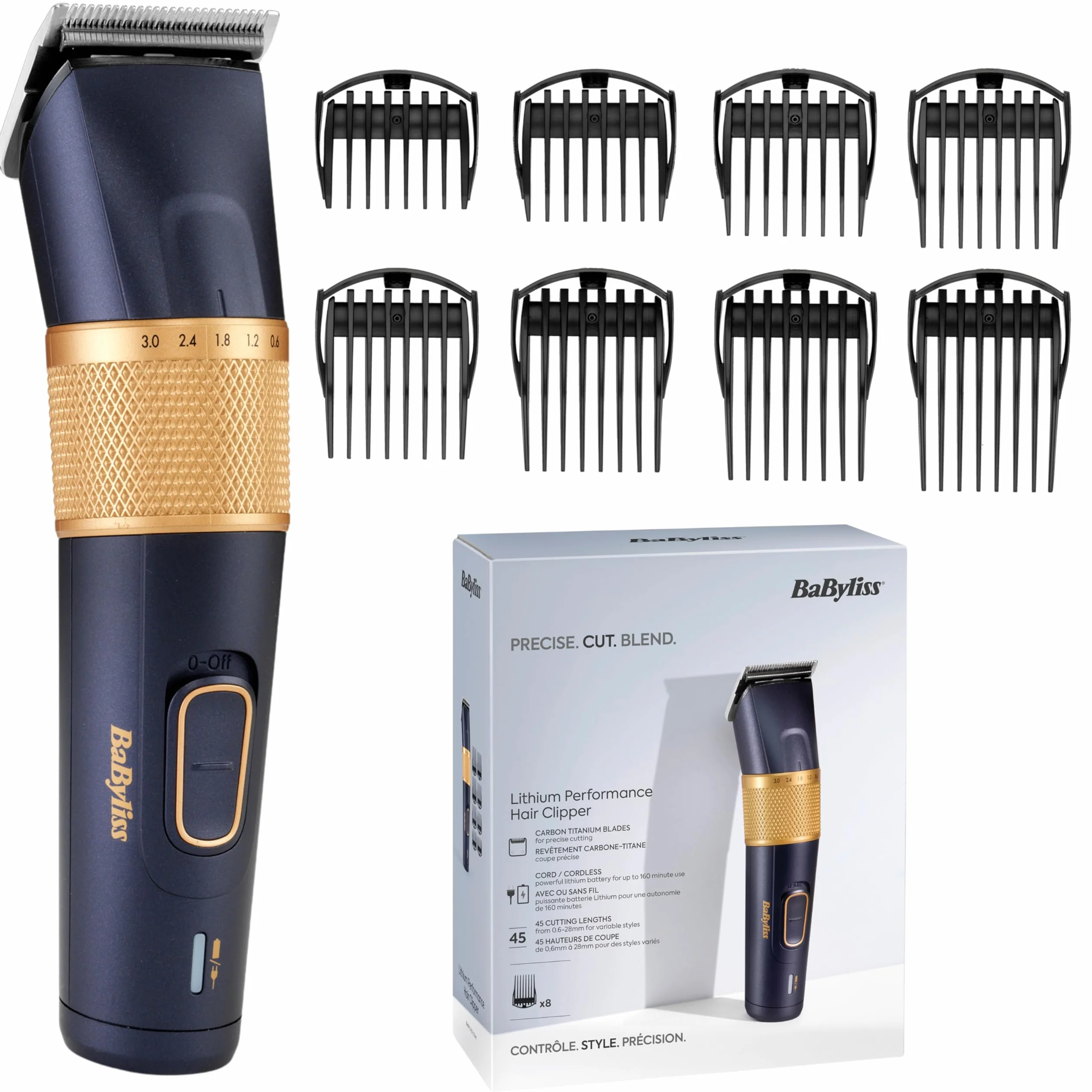 BaByliss Tondeuse à cheveux Lithium Performance E986E, sans fil, 45 réglages de longueur 0,6-28 mm, Bleu foncé/or