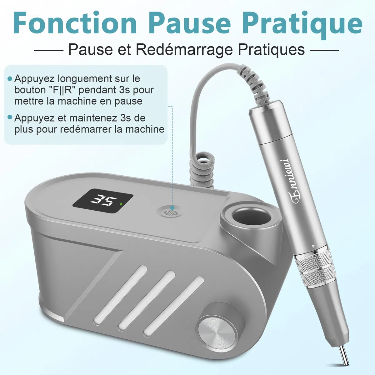 Ponceuse pour Ongles Électrique Professionnelle 35000 RPM - Multifonction Silencieuse avec Affichage LED, Bouton Pause & 6 Embouts - Machine Manucure/Pédicure pour Salon/Maison (Gris Élégant)