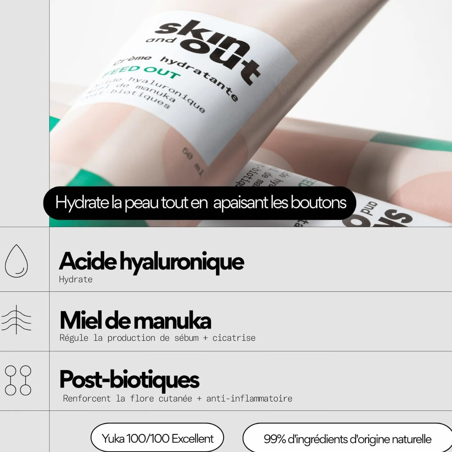 Crème Hydratante Peaux Mixtes à Grasses 99% d’Origine Naturelle Hydrate Apaise les boutons Régule le Sébum Fini non gras