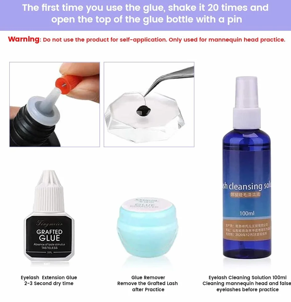 TwoWin Kit d'extension de cils professionnel - Kit complet d'entraînement avec tête de mannequin, colle d'entraînement et faux cils pour débutants, maquillage et greffe de cils