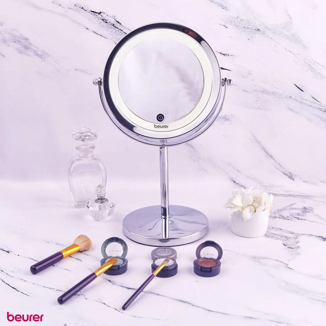 Beurer BS 55 Miroir cosmétique éclairé et chromé de haute qualité, lumière LED claire avec variateur, grossissement normal et 7x