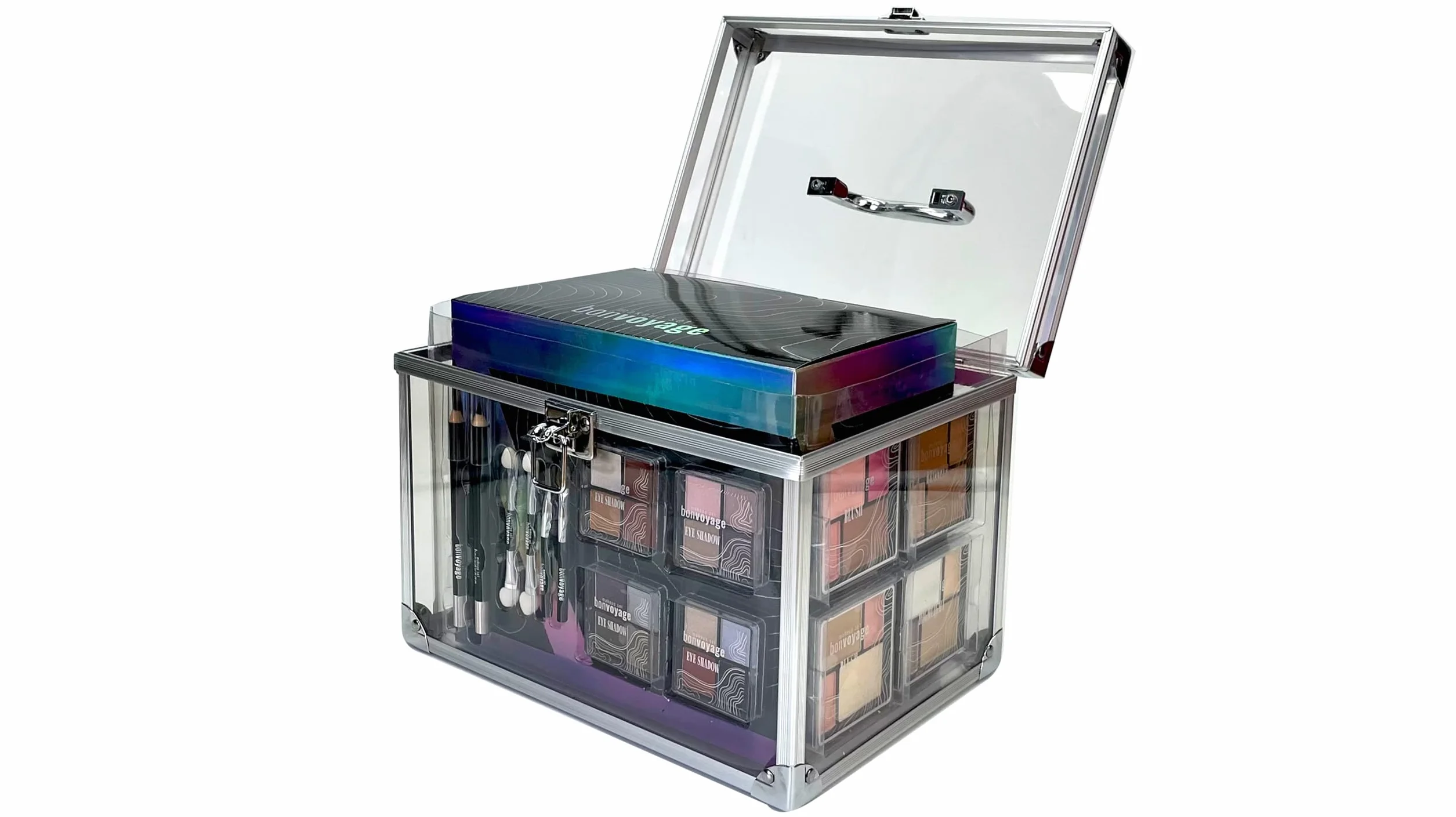Coffret Maquillage Femme Rouge à Lèvres Ombres à Paupières Blush Set Manucure Pédicure Malette Transparente Portable Colour Delights