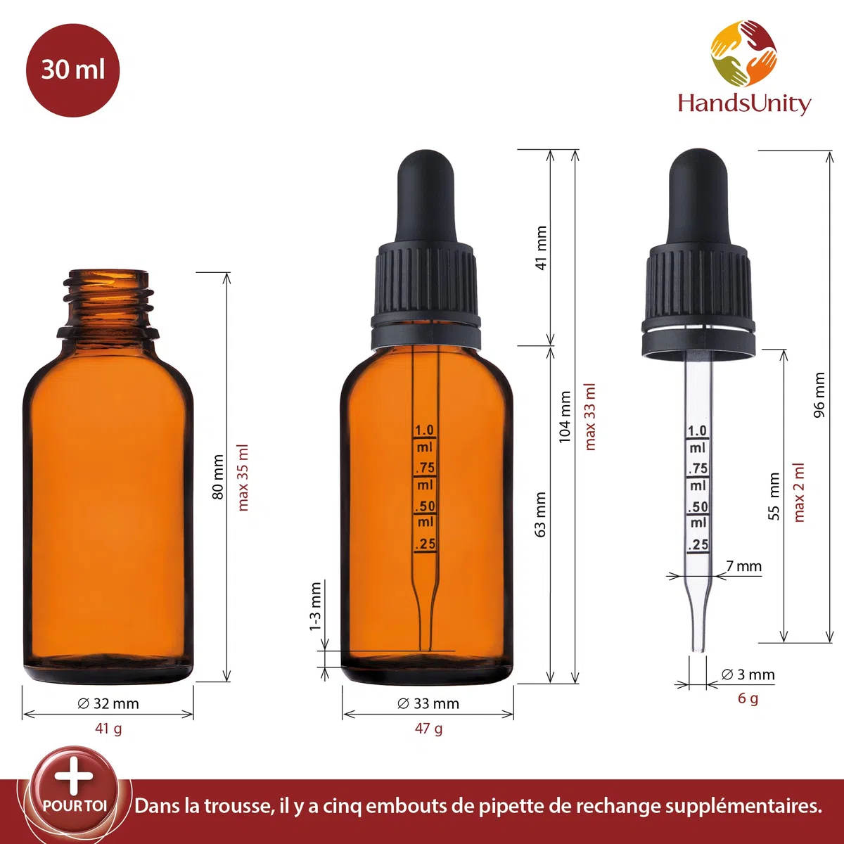 Flacon de Pipette en Verre Ambré 30ml - 110 Pièces Bouteilles en Verre Brun avec Capuchon Noir