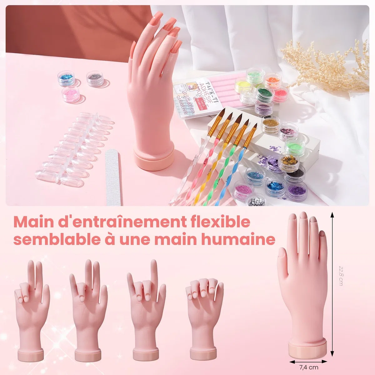 Deciniee Acrylique Kit Ongles Pour Débutants–Faux Ongles/Poudre Acrylique/Lampe UV/Main D'Entrainement Manucure-Idéal Pour DIY Nail Art-Kit Avec Outils Complet Dans Un Sac De Stockage Rose
