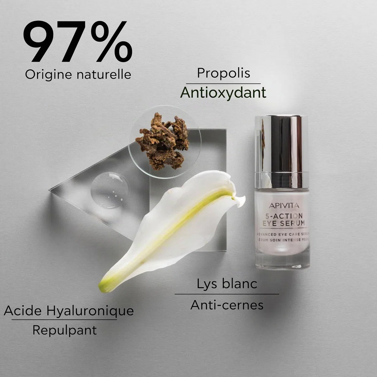 Apivita 5 Actions Sérum Soin Intensif Yeux 15ml - Enrichi en propolis et lys blanc - Combat les cernes, les poches sous les yeux, les ridules autour des yeux, les signes de fatigue
