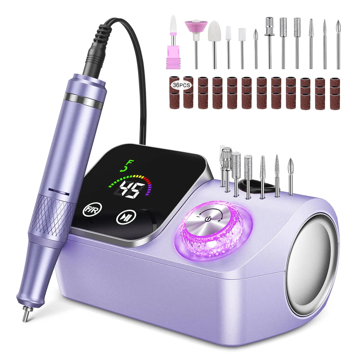Ponceuse pour Ongles Professionnelle 45000 RPM 36 W, Lime à Ongle Électrique Silencieux avec Écran LCD, 11 Embouts, Portable pour Salon (violet)