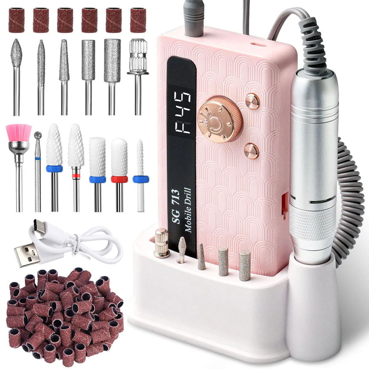 Ponceuse pour Ongles Professionnelle 45000 RPM Portable Rechargeable avec 13 Embouts et 56 Bandes de Ponçage, LCD écran, Ultra Silencieuse, Silencieuse pour Salon/Maison (Rose)