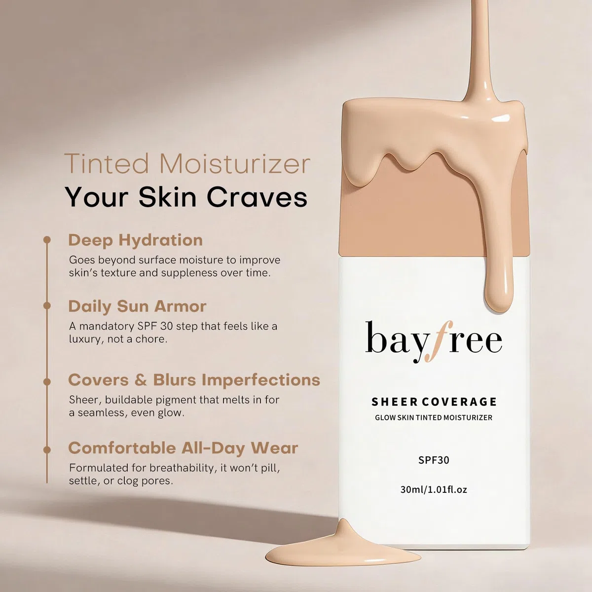 bayfree Glow Skin Tinted Moisturizer, Skin Tint Hydratante Teintée Légère Longue Tenue, Fini Transparent et Aérien, Alliant Maquillage et Soins de la Peau, Naturel et Modulable