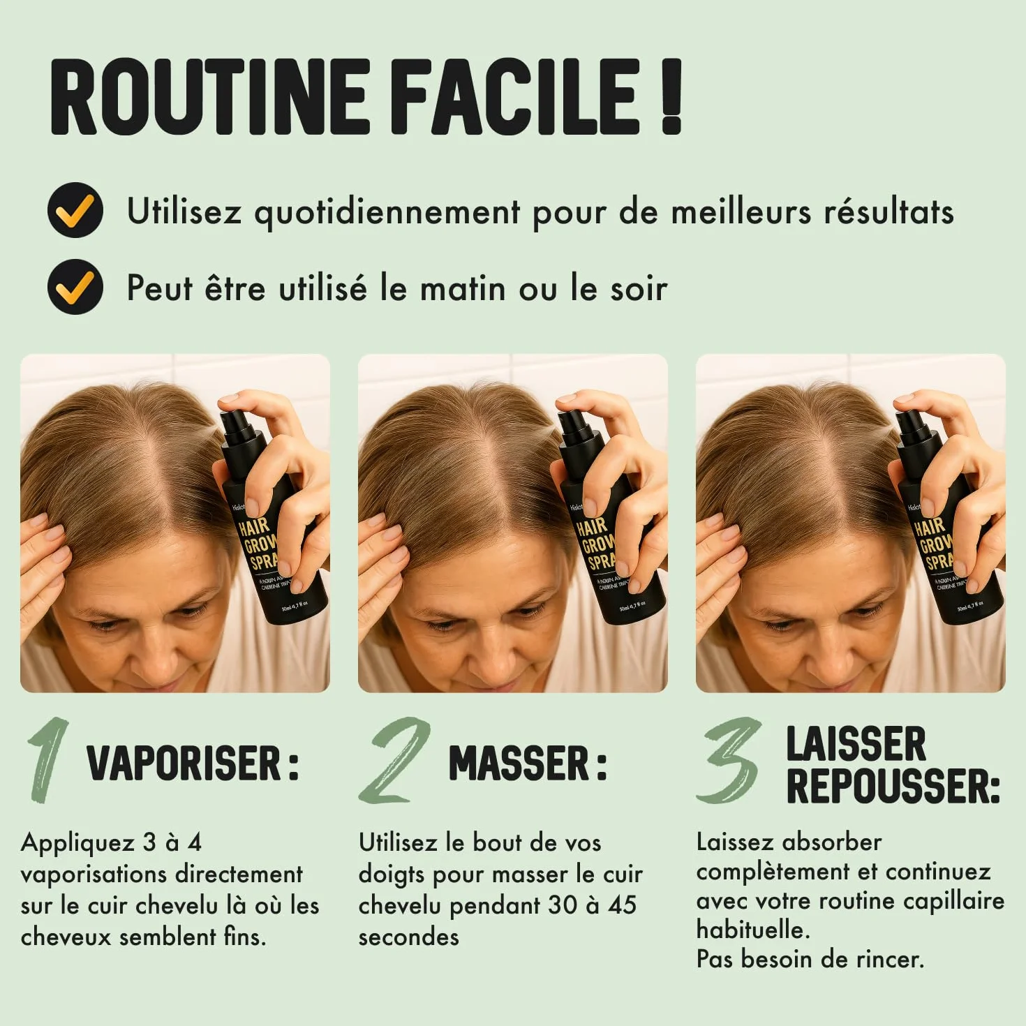 Serum Pousse Cheveux Spray à la Biotine, Caféine, Huile de Ricin et Aminexil - Favorise la Pousse Rapide (3 mois)