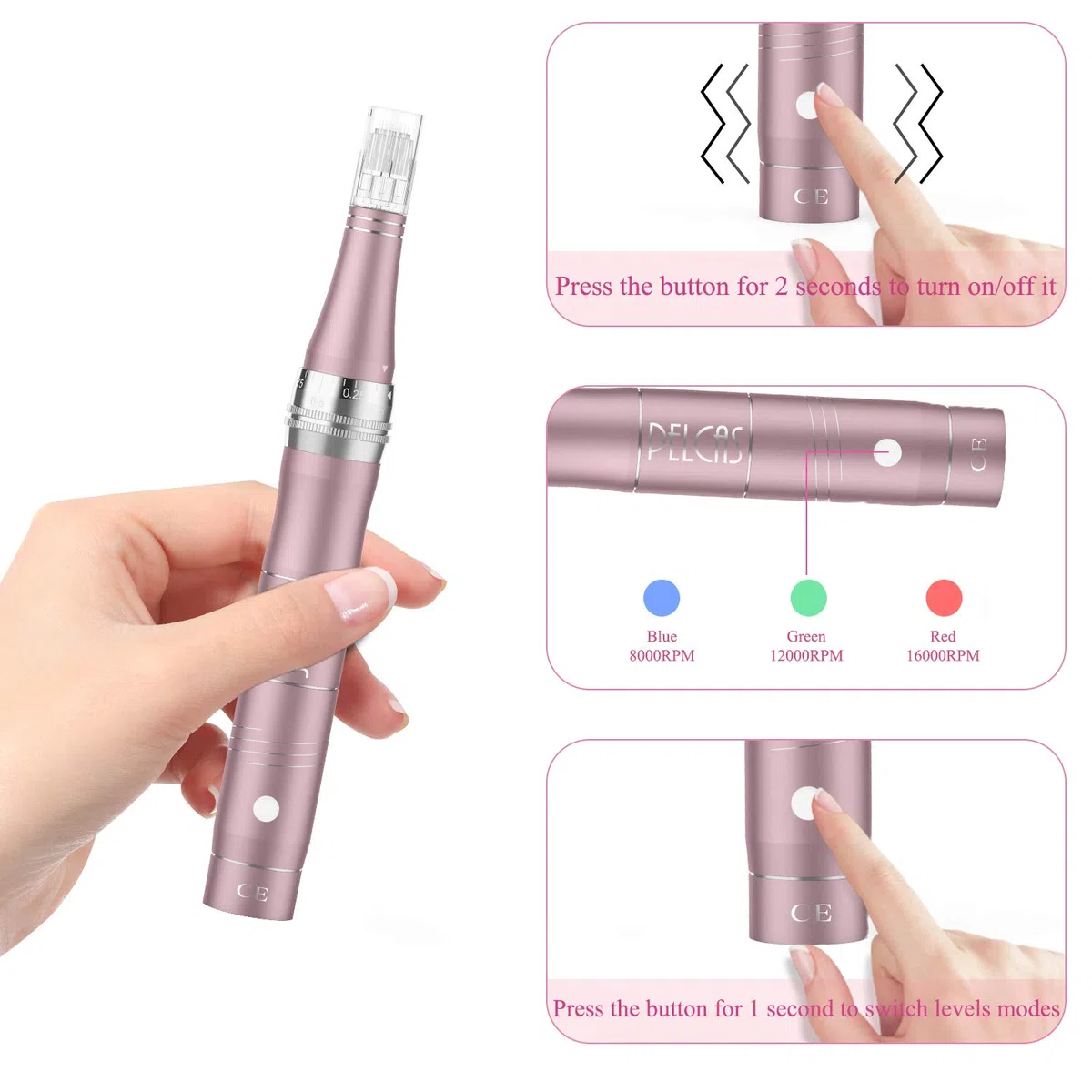 PELCAS Microneedling pour Visage, Stylo Beauté Microneedling avec 12 Cartouches & 3 Vitesses - Soin Visage/Cou/Contour des Yeux, Peau Éclatante