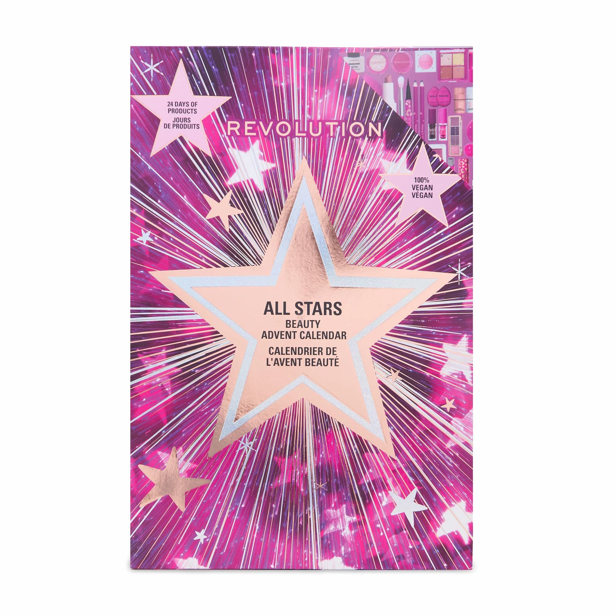 Revolution Makeup Advent Calendar 2025, 24 essentiels beauté, coffret cadeau avec gloss, enlumineur, blush, pinceaux et mascara, Végan