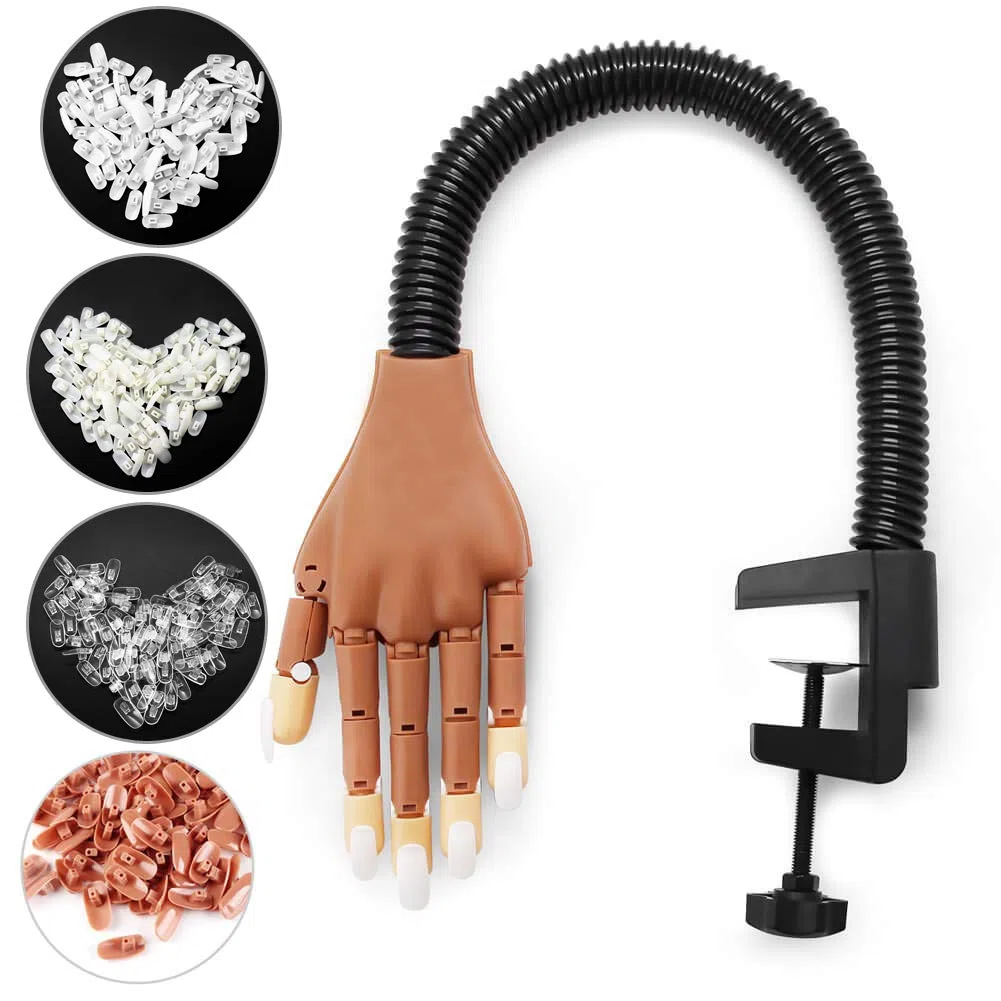 Pratique Faux Nail Art, Mains et Doigts d'entraînement Flexible + 400 pièces Pointes d'ongles Remplaçables (Marron)