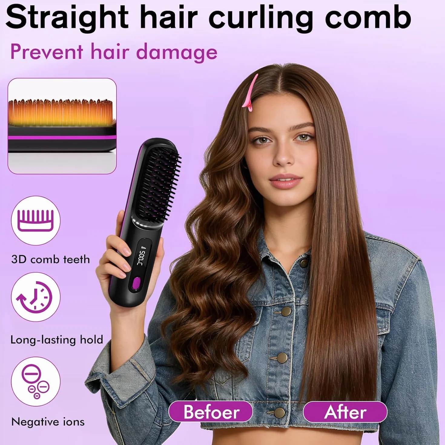 Brosse coiffante électrique sans fil pour cheveux courts, lissante avec affichage LED, 3 niveaux de température