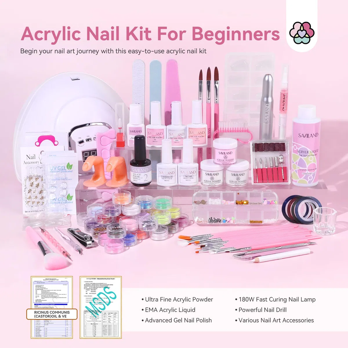 SAVILAND Kit Ongle Acrylique Complet En Gel Avec Lampe UV 180w Ponceuse pour Ongles Poudre Acrylique Base Top Coat Poudre Pour Beaucoup de décoration manucure Kit de Manucure Débutant
