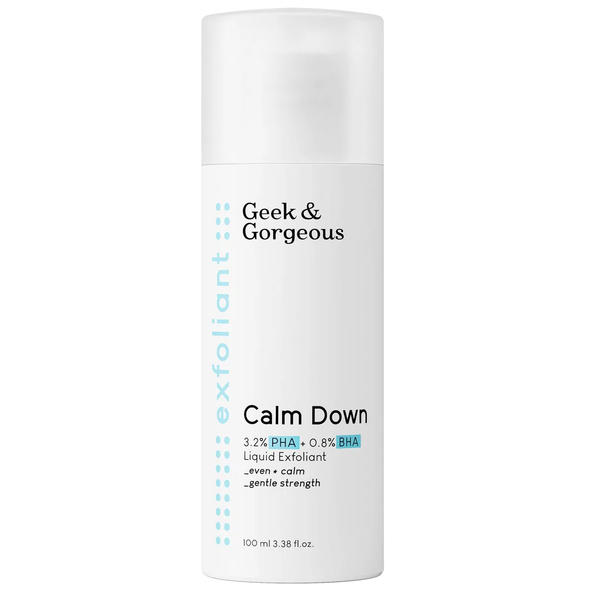 Geek & Gorgeous - Calm Down – Exfoliant doux pour le visage avec PHA et BHA, idéal pour les peaux sensibles. Exfolie en douceur, affine le grain de peau et apaise – Flacon de 100 ml.