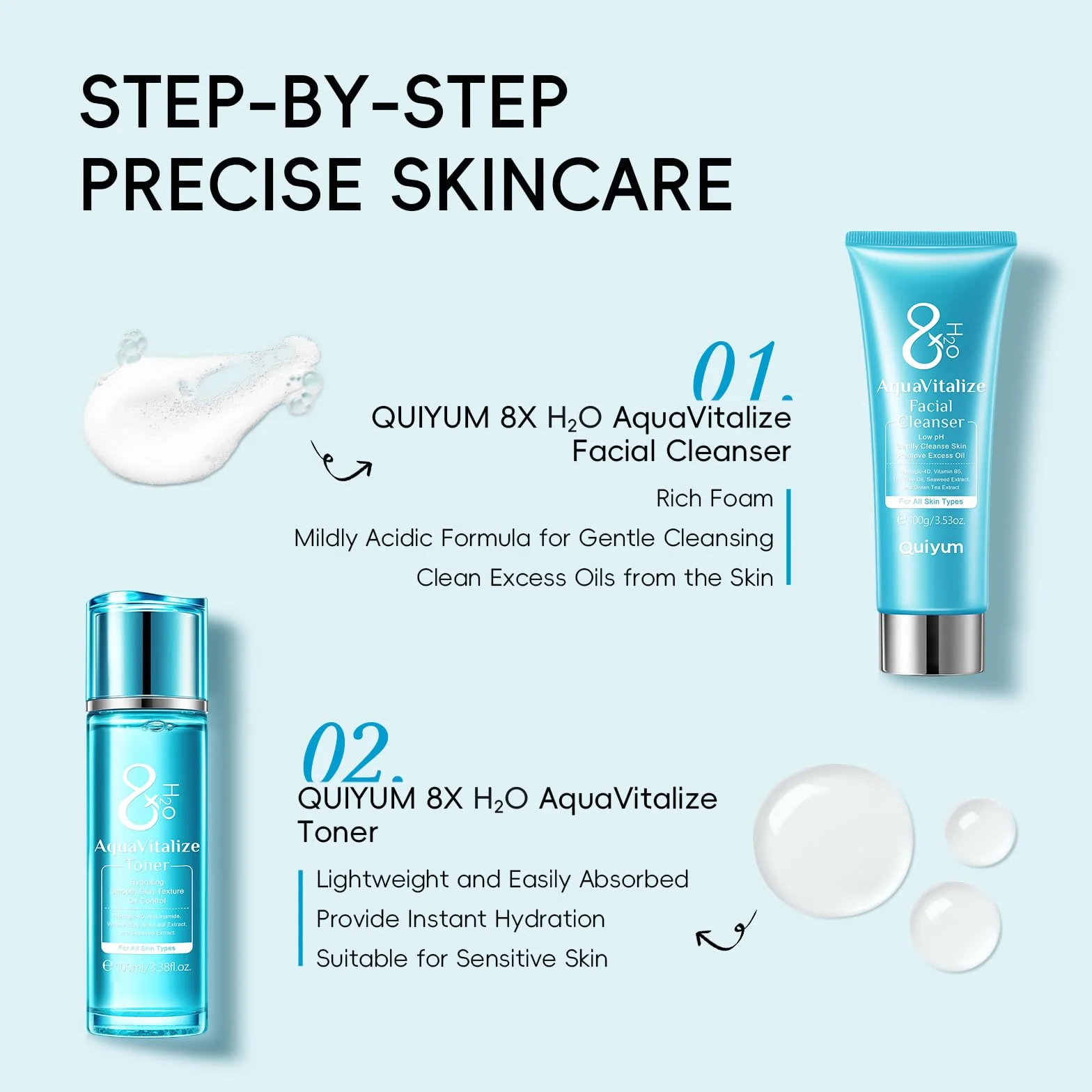 QUIYUM Coffret de Soins Visage 8x H2O AquaVitalize, Coffret Cadeau 5 Pièces pour Femmes, Skincare avec du Panthénol et de l’Acétyl Hexapeptide-8, Hydratation Intensive et Réduction des Ridules