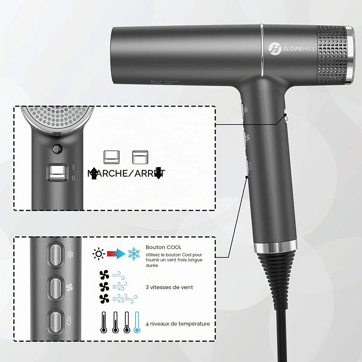 Slopehill Sèche-Cheveux Professionnel avec Moteur Sans Balais Unique | Micro-Filtre Innovant | Technologie Oxy Active | Affichage Led | 268g Super Léger, 2000w (Gris)