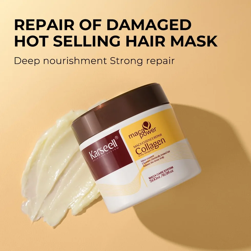 Karseell Collagen Masque Cheveux et Huile Cheveux, Maca Essence Set Réparation Cheveux Secs Abimés, 500ml + 50ml