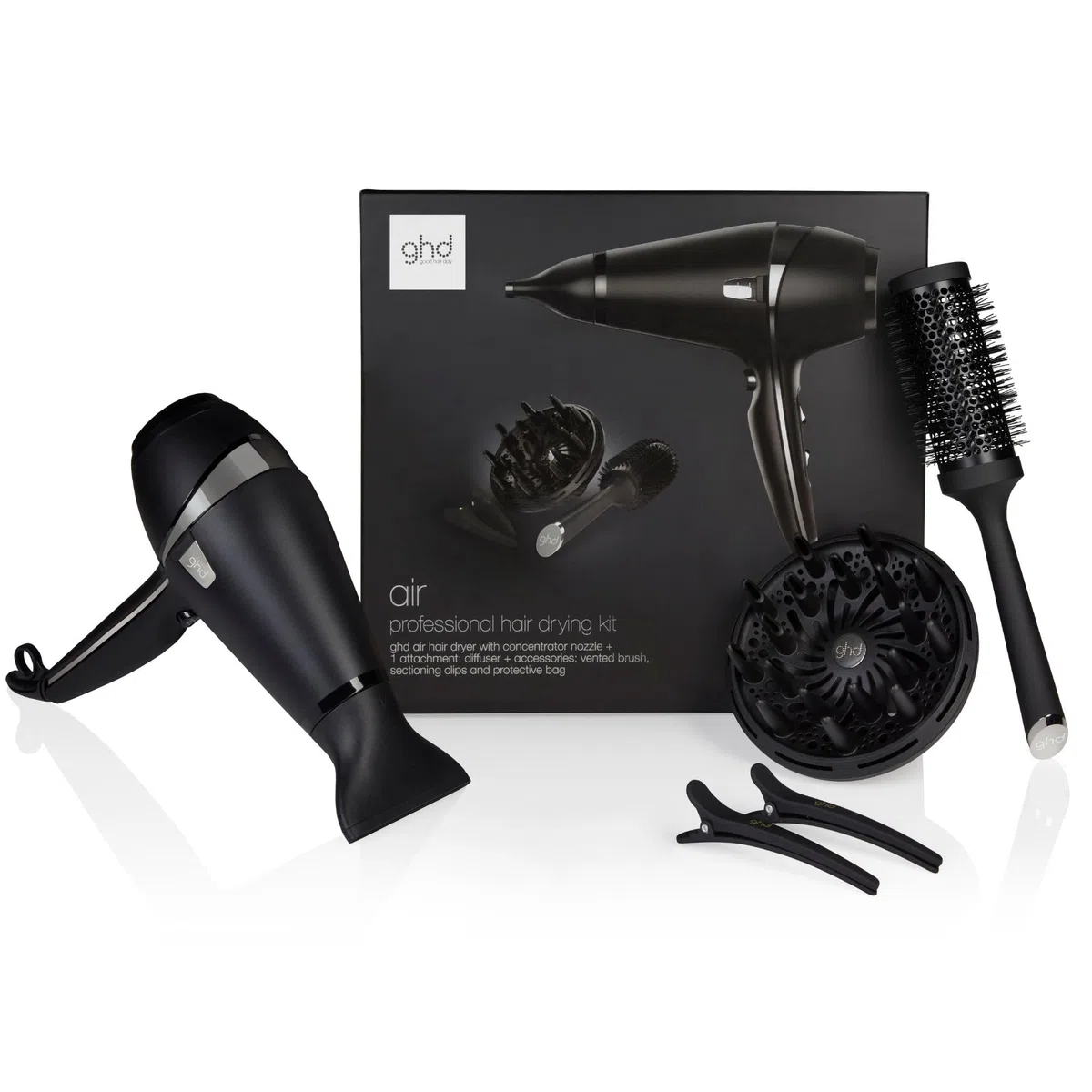 ghd - Coffret sèche-cheveux ghd Air - Sèche-cheveux professionnel (Noir) - Brosse, Diffuseur et Pinces inclus - Séchage et coiffage rapide - Réduit les frisottis - Idéal pour tous types de cheveux