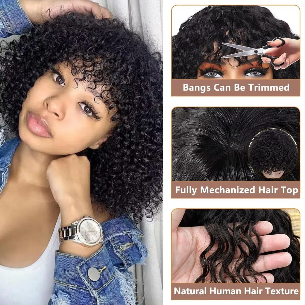 Perruque Femme Naturelle Brésilien Bouclée De Cheveux Humain Avec Frange Sans Colle Curly Bob Wig With Bangs Human Hair Glueless Wig No Lace Bouclée Perruque Femme Courte Noir Naturel 10 Pouces