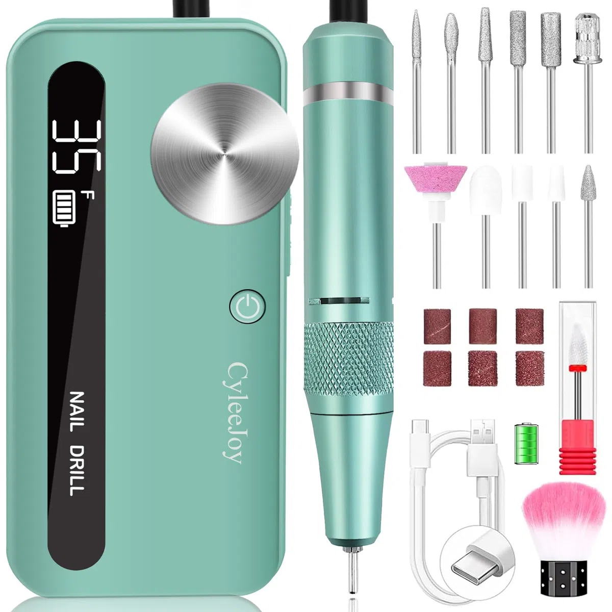 Ponceuse pour Ongles Professionnelle 35000 RPM, 12 en 1 Lime à Ongle Électrique Portable, Sans Fil Rechargeable pour Acrylique/Gel, Machine à Ongles de Qualité Salon (Vert)