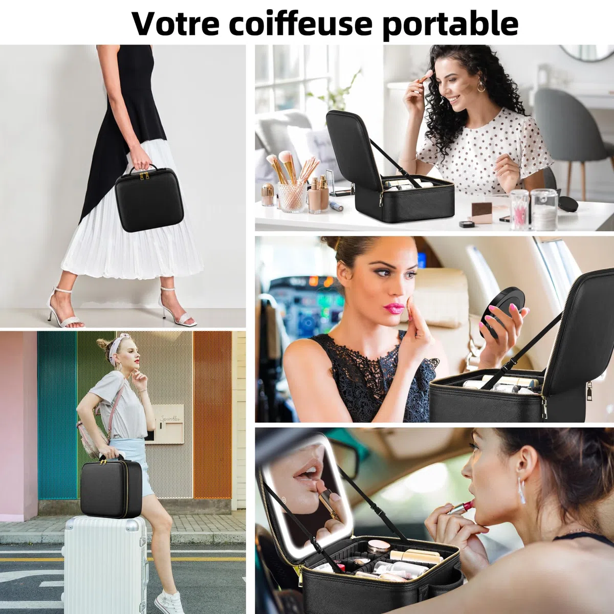 Sac de Maquillage de Voyage Sac cosmétique Sac Organisateur de Maquillage avec Grand Miroir éclairé 3 Modes de Couleur luminosité réglable, étanche en Cuir PU Makeup Travel Train Case