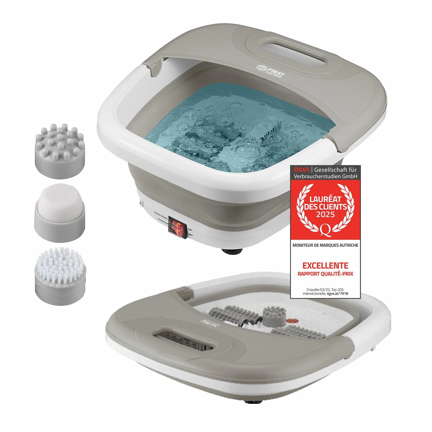 TZS First Austria Bain de Pieds 500W - Appareil de Massage des Pieds avec 3 Accessoires & 8 Rouleaux - Massage par Vibrations & Bulles, Infrarouge & Chauffante - Pliable jusqu'au 47 - Gris