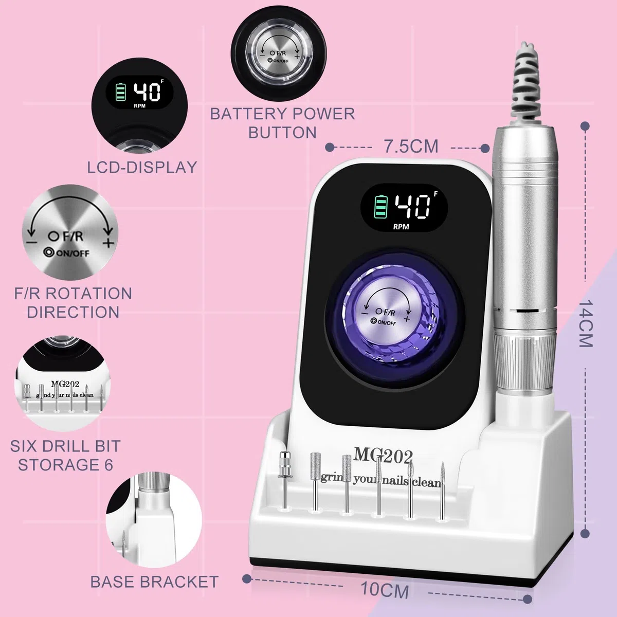 Ponceuse pour Ongles Professionnelle 40000 RPM, Urbuti 12 en 1 Lime à Ongle Electrique 4000 mAh avec Écran LCD, Vitesse Réglable, Silencieuse, Ponceuse Manucure Portable pour Salon/Maison (Blanc)